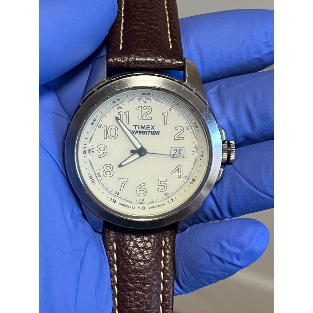 Timex Expedition Mens Watch Cream Dial Brown Leather Strap Indiglo 100M 905 N7